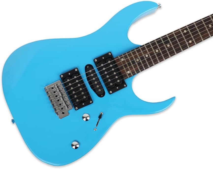 Full size 39'' electric guitar 24Fsingle tremolo HSH pickups maple neck phoenix body 25.5inch scale length glossy blue dot inlay 1V 1T 5ways toggle for starter beginner party show(BL)