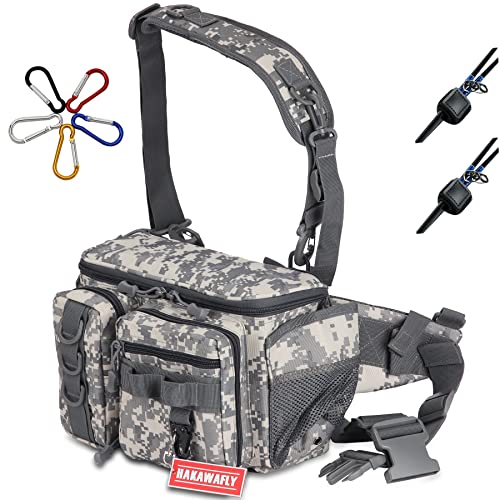 HAKAWAFLY(ハカワフライ)釣り バッグ 広口 大容量 ウエストバッグ 幅広 フィッシングバッグ 5WAY タックルバッグ 防水 ヒップバッグ 多機能 着脱/左右可能なショルダーバッグ パッド式 撥水加工 ロッドホルダー2点とカラビナ5点付き(グレー