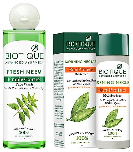 Image of Biotique Bio Neem Purifying Face Wash, 200 ml & Biotique Bio Morning Nectar Sunscreen Ultra Soothing Face Lotion, SPF 30+, 120ml