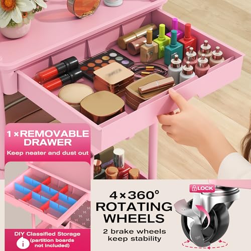 Image of Goovilla Rolling Makeup Organizer Cart with Removable Drawer, 4 Tier Stable Pink Floor Skincare Storage Cart for Vanity, Cosmetic Display, Nail Polish, Perfume, Hair Stuff, Beauty, Bathroom(Plastic)