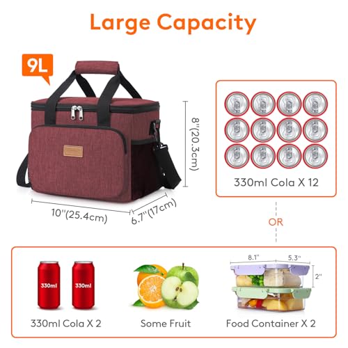 Image of Lifewit Medium Lunch Bag, Insulated Lunch Box, Soft Cooler Cooling Tote for Adult Men Women, Burgundy 12-Can (9L)