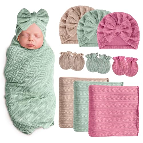 Image of AQOKKA Baby Swaddle Blankets with Bow Hat Mittens Set Wheat-Pattern Infant Receiving Blankets Swaddles for Newborns Unisex Toddler Swaddle Wrap Sets for Baby Girls Boys Nursery Warm Shower Gift