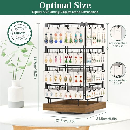 Image of EsLuker.ly Rotating Earring Display Holder Stand for Vendors Events Selling, Large Capacity 64 Hooks Jewelry Rack with Wooden Base for Earring Card Sales, Enhances Retail Display Visibility