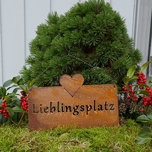 Rostschild Lieblingsplatz mit Herz in Rostoptik - 25cm x 16cm und Drahtaufhängung Spruchschild Gartendeko Metalltafel