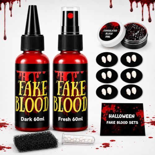 Halloween Fake Blood Kit,2.1oz Fake Blood Spray+2.1oz Dripping Blood+1.05oz Coagulated Gel Blood+12 PCS Horror Fangs+Stipple Spong,Realistic Effects Washable,for Clothes,Zombie Vampire Monster - image 1