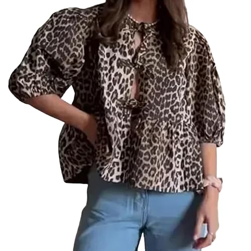 Tie Front Tops Womens Y2k Leopard Print Peplum Babydoll Top 3/4 Length Puff Sleeve Coquette Cute Going Out Tops