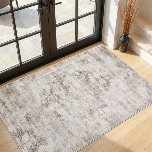 Image of 2'x3' Rugs for Living Room Bedroom, Washable Area Rugs, Pet & Kid Friendly Low Pile Carpet, Non-Shedding Non-Slip TPE Backing, Vintage Distressed Print Floor Mat for Bedroom Dining Room, Brown