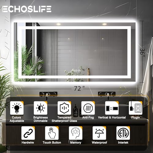 72"x36" Bathroom Mirror with Lights (Front and Backlit), Anti-Fog LED Lighted Bathroom Mirror, Stepless Dimmable Vanity Mirror, 3 Colors Smart Mirror (Horizontal/Vertical)