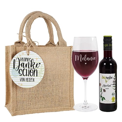 Herz & Heim® Wein-Geschenk mit graviertem Weinglas und Wein zur Auswahl in Jute Geschenktasche Rot, Dankeschön