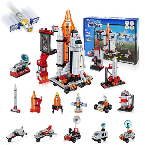 Space Toy Building Kit , 13 in 1 Space Exploration Shuttle Toys, Space Rocket and Shuttle Launch Control Play Set, Build-Your-Own City Space Toy STEM Toy for Boys and Girls 6-12 Year Old (566Pcs)