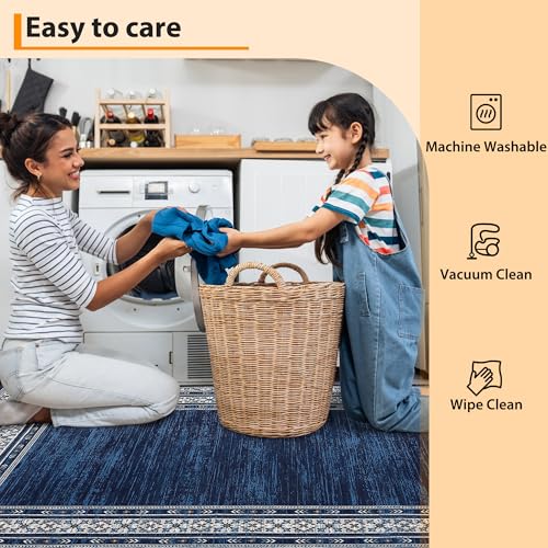 GlowSol Washable Runner Rug 2x6 Rug Modern Bordered Rug Non Slip Kitchen Rugs Runner Soft Bathroom Rug Runner Non-Shedding Carpet Runner for Bedroom Entryway Laundry Room,Navy