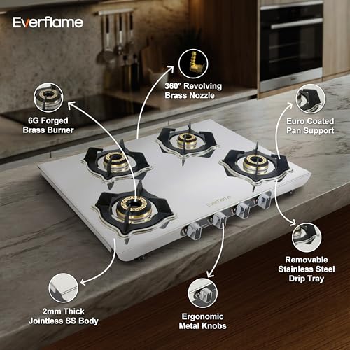 Image of Everflame Marvel 4 Burner Gas Stove | Manual Ignition | 6G Series Brass Burner | ISI Certified SS Cooktop | 5 Years Warranty on (Body & Burners) + 2 Year Comprehensive Warranty + Doorstep Service