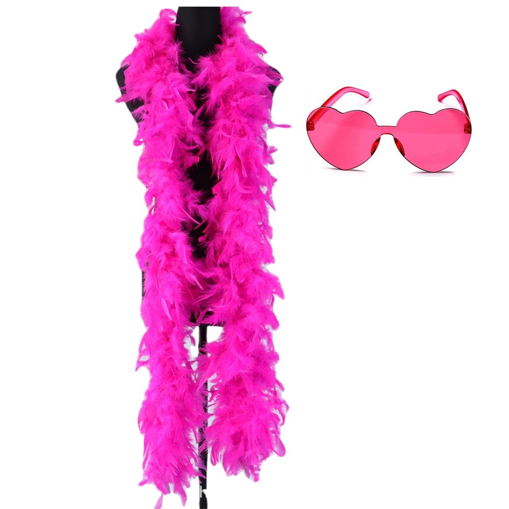 JICASTOColorful Feather Boas 45g, 6.6ft Feather Boa for Women for Dancing Wedding Party Halloween,with Heart Sunglasses