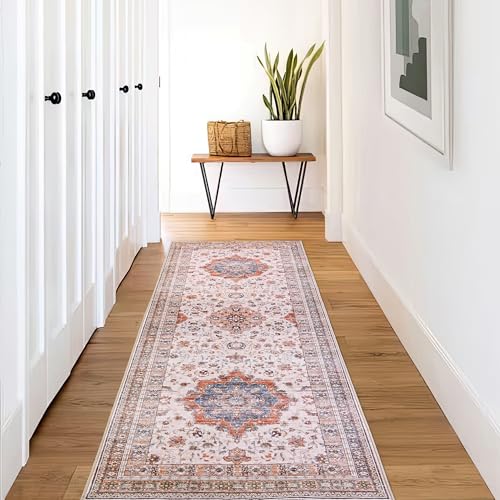 Vintage 2x6 Washable Runner, Low-Profile Kitchen Runner Rug with Non-Slip Backing & Durable Edge Binding, Pet-Friendly Entryway Rug for Bedroom & Hallway