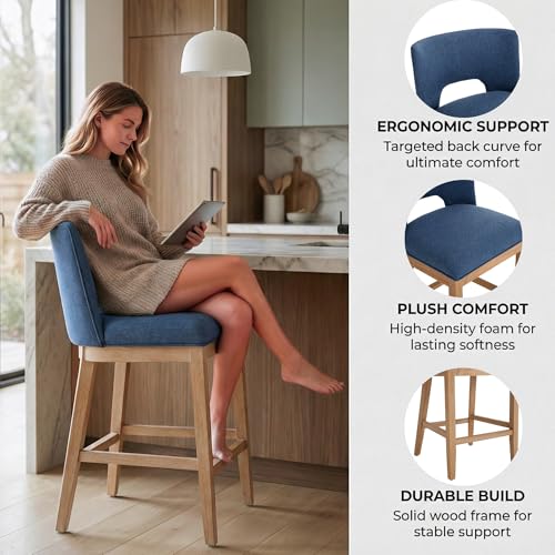 Butacos de barra chairus, set de 6 unidades, sin brazos, acolchados, respaldo de madera y patas de madera, tapizados en tela lino, color azul, para isla de cocina o barra alta miniatura 5