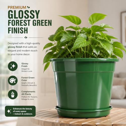 Image of 12 Inch Glossy Forest Green Plastic Planter with Bottom Plate | Heavy Duty Flower Pot with Tray for Indoor Home Decor, Balcony, Living Room & Outdoor Garden (12 Pot, Forest Green)