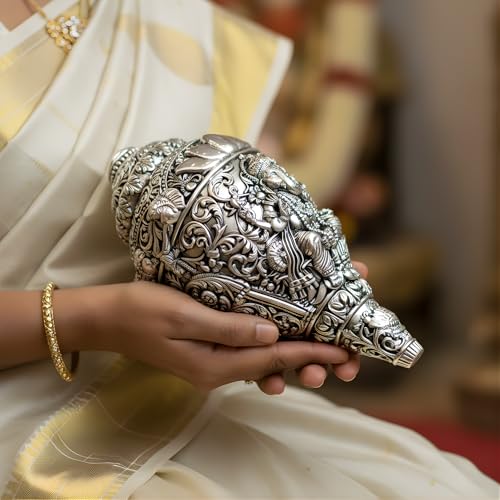 Image of 999 Pure Silver Plated Ganesh Shankh | 6 Inch Grand Vastu Showpiece for Success & Wealth | Sacred Conch Shell Idol for Home Temple & Altar