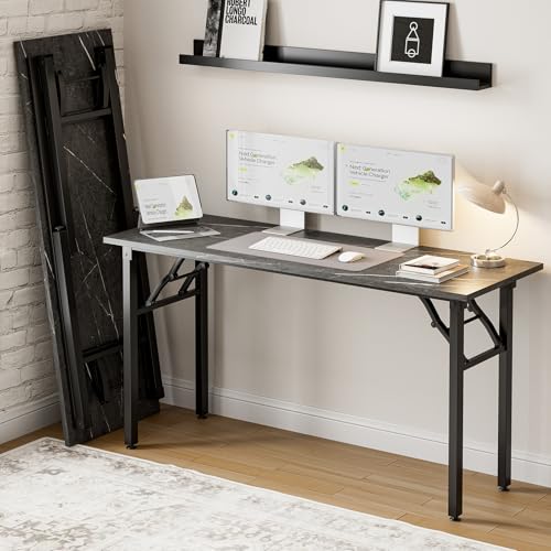 Image of Frylr Small Folding Computer Desk - Portable 55.1 Inch Foldable Laptop Table, Collapsible and Compact for Easy and Fast Setup, Lightweight for Small Spaces, Home Craft and Study Use, Marble Greige