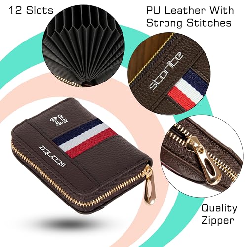 Storite 12 Slot RFID PU Leather Credit Debit Card Holder Wallet Money Zipper Coin Purse for Men & Women - (Brown,10.75 x 8 x 2.5 cm)