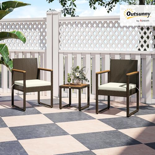 Outsunny 3 Pieces Wicker Patio Furniture Set, Rattan Bistro Set w/ 2 Patio Chairs, Acacia Wood Table & Removable Cushions, Patio Conversation Set for Porch, Balcony, White - Image 3
