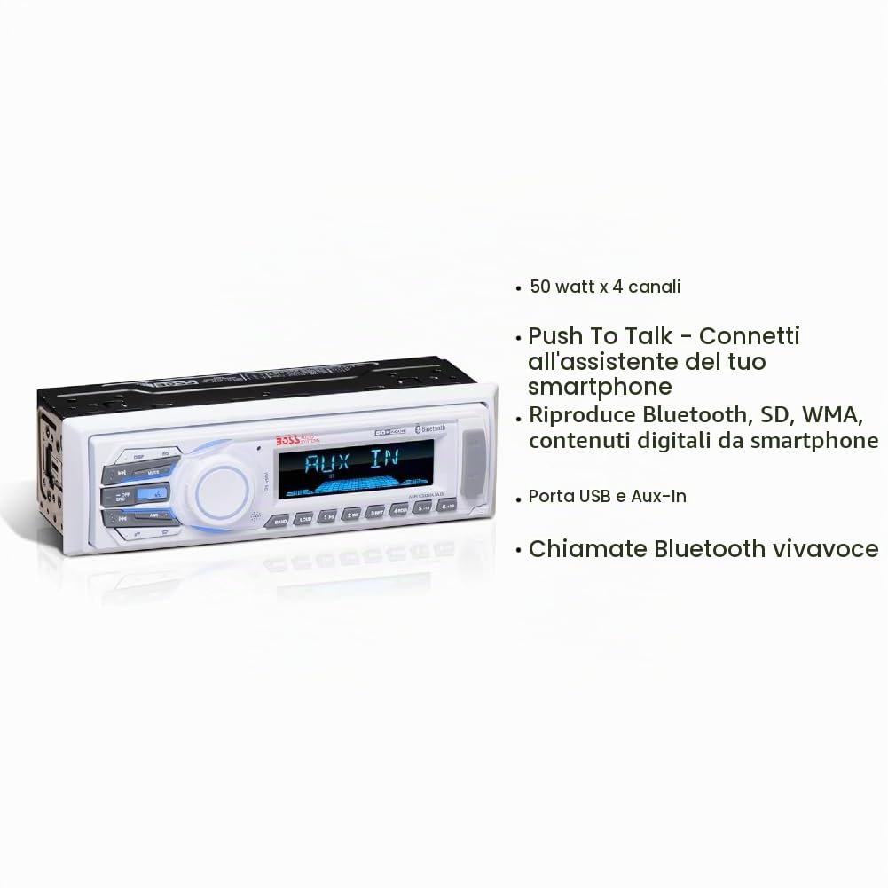 KIT SET PER BOSS AUDIO SYSTEMS MR1308UAB, autoradio 1 din, digital media, ricevitore am/fm, stereo, aux/usb/mp3, con bluetooth, marino, per barca, gommone, 1 pezzo + accessori omaggio