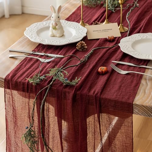 Keketoarrange Burgundy Table Runner Red Table Runner Cheesecloth Gauze 120 Inch 10 FT Rustic Boho Cheese Cloth Runner for Wedding Baby Bridal Shower Party Long Sheer Spring Home Decorations