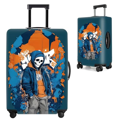 Image of Graffiti Skull Luggage Cover - Trendy Street Style Suitcase Protector with Blue and Orange Hoodie Design - Fits 20 inch to 22 inch Luggage,S