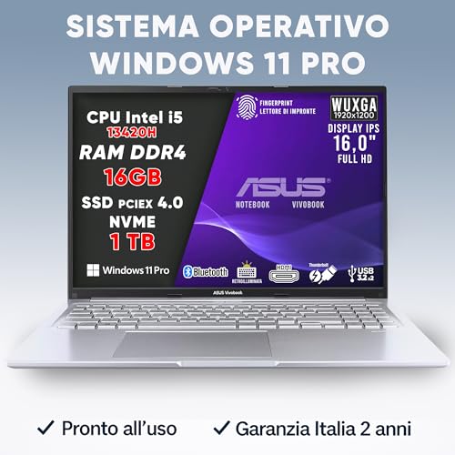 VivoBook Pc Portatile, Notebook i5 13420H, RAM DDR4 16Gb, SSD 1Tb PCI-e 4.0, DISPLAY IPS WUXGA 16,0" FHD, Computer Portatile, Laptop con Tastiera Retroilluminata, Fingerprint, Win 11 Pro, 16" - Notebook - Immagine 4