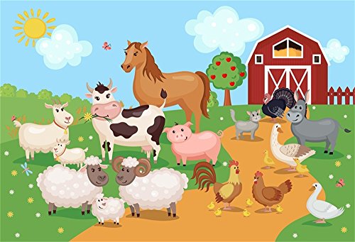 OFILA Kids Cartoon Farm Birthday Backdrop 5x3ft Farm Animals Photography Backdrop Rustic Barn Photos Farm Party Backdrop Farm Day Events Backdrop Baby Shower Party Photos Props