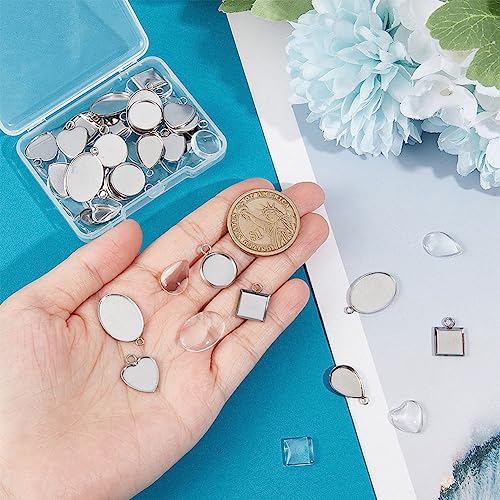 UNICRAFTALE 60pcs 5 Styles 30set Cabochon Pendant Settings Stainless Steel Blank Bezel Pendant Trays Oval Teardrop Heart Flat Round Square Base Cabochon Charm with Glass Cabochons for Jewelry Making - Image 2