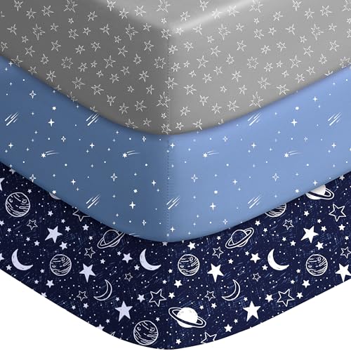 Image of Unnivoll Baby Crib Sheets for Boys Girls, Fitted Crib Sheet Neutral 3 Pack for Standard Crib and Toddler Mattress, Breathable Soft Microfiber Baby Sheet 28x52x8in Dark Blue Planet