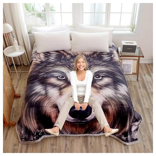 Hiyoko Wolf & Lion Prints Animal Blanket - Queen Size Velvet Fleece Throw: Warm, Plush, Heavy, Thick, and Soft for Cozy Comfort - Korean Mexican San Marcos Blankets - 75" x 90" 5.3 Lbs