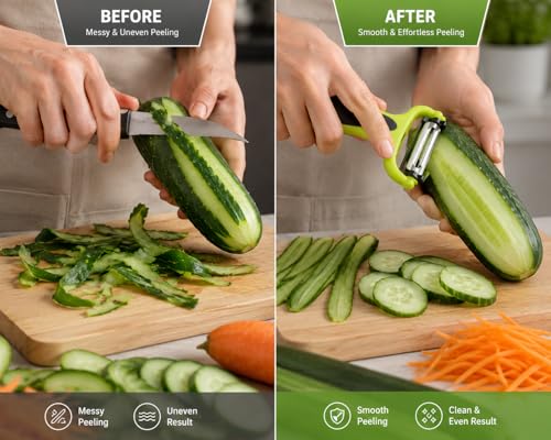Image of Aromix 3-in-1 Stainless Steel Vegetable & Fruit Peeler | Straight, Serrated, and Julienne Blades | Sharp Multipurpose Peeler for Kitchen, Salad, Garnishing & Professional Use