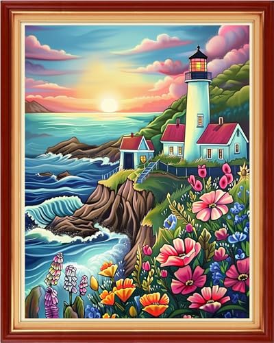 Image of Funchey Stamped Cross Stitch Kits, DIY Cross Stitch Pattern for Adults Beginners Needlepoint Kits Embroidery Kit Arts and Crafts 11CT-Sunrise Seaside Lighthouse 16x20 inchs