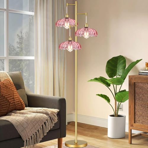 Image of QIYIZM Pink Floor Lamp for Living Room,Bedroom,Gold Mid Century Modern Standing Lamp Brass Tree 3 Light Tall Floor Lamps Vintage Retro Floor Lights Glass Flower Lamp Shade Farmhouse Boho Bohemian
