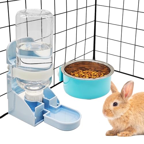 Rabbit Water Bottle Ferret Food Bowl Bunny Water Dispenser Stainless Steel Food Dish Hanging Drinking Fountain Drinker Feeder Crate Bowl Feeder Cup for Guinea Pig Hedgehog Chinchilla