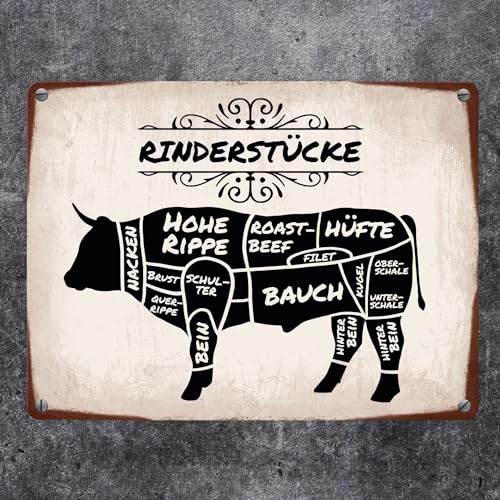 Rinderstücke BBQ Beef Fleischstücke Metallschild in 15x20 cm Blechschild für den Grill als Dekoration für Grillfans und Fleischesser
