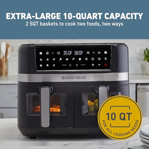 West Bend Double Up Air Fryer Dual Basket 10-Quart Capacity with Digital Controls View Windows and 15 Cooking Presets, Nonstick Frying Baskets, Dual-Zone Cooking, 1600-Watts, Black - Image 5