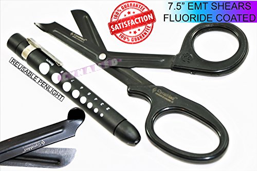 Medical Shears Trauma Bandage Scissors EMT Paramedics Nurses First aid Sharp Stainless Steel Saw Tooth Black Scissors Plus Reusable PENLIGHT CYNAMED