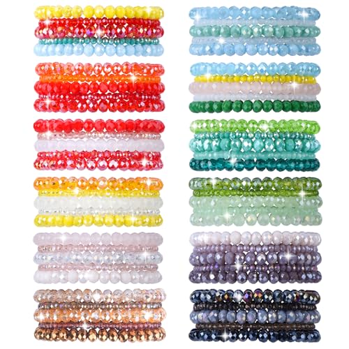 60pcs Crystal Beaded Bracelet Bulk for Women Colorful Beaded Bracelet Boho Multi Layer Stacking Bracelets Stretchy Strand Shiny Crystal Bead Bracelets