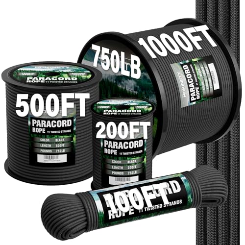 HOKINETY Paracord Rope 750 - Parachute para Cord 4mm 11 Strand Spool Rope Utility Nylon String for Outdoor Camping Survival Utility Tent Crafting DIY Projects - Black 100ft