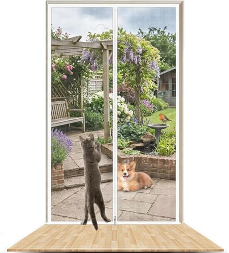 Cat Screen Door for Indoor Cats Reinforced Mesh Door Screen with Zipper Pet Screen Door to Keep Cats In Cat Proof Door Screen for Doorway Durable Pet Mesh Screen Easy Install Fly Screen(82x203cm)