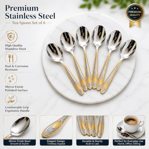 Image of Golden Coffee Spoon (Pack of 6) 15 cm Long Premium Golden Finish Stainless Steel Luxury Tea & Coffee Spoons Dessert, Soup, Daily Use Elegant Gold Tableware with Modern (Silver)