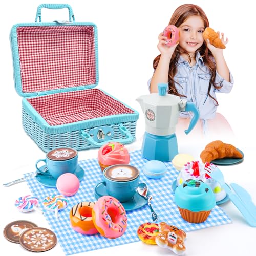 Tea Party Set for Little Girls, 30 Pcs Picnic Basket Set with Carry Case, Teapot, Tea Cup, Dessert & Table Cloth, Toy Gifts for Kids 4 5 6 Year Old (Blue)…