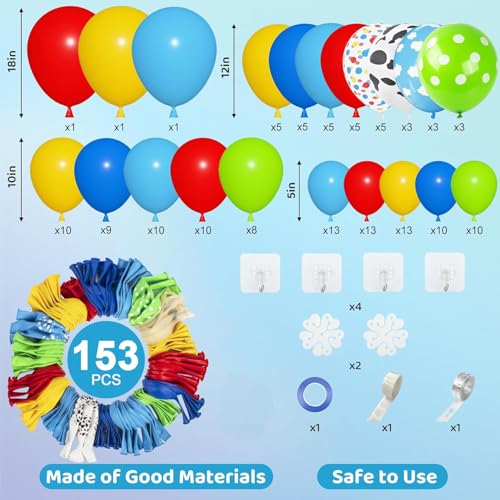 Image of Amandir 153Pcs Blue Red Yellow Balloon Arch Garland Kit Different Sizes | 18 12 10 5 Cow Cloud Pattern Green Confetti Latex Balloons For Cartoon Theme Birthday Shower Decorations