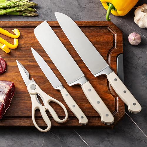 Image of HomeEssentials 4-Piece Knife Set: Ultra-Sharp High-Carbon Stainless Steel Chef, Nakiri & Paring Knives + Multi-Purpose Shears Ergonomic Cream Triple-Rivet Handles for Precise Slicing & Dicing
