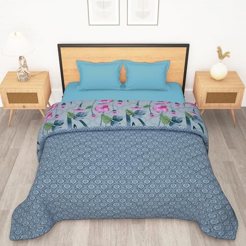 Image of Double Bed Comforter Blankets for Winter | Microfiber | 180GSM 220x250 cm | Light Blue & Pink & Houndstooth Pattern | Bedding Blanket for Winter Double Size | Dohar | Quilt | Duvet