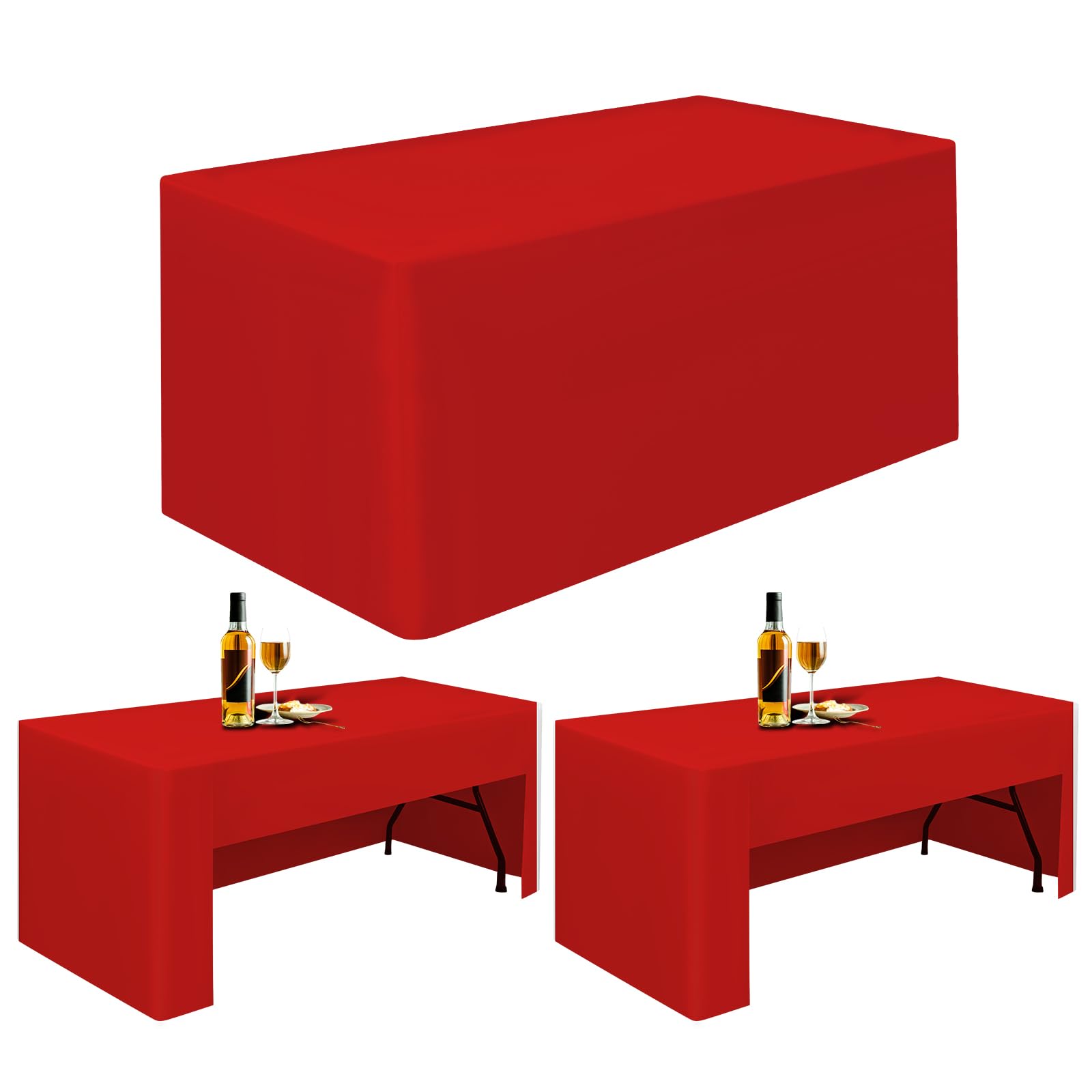 2 Pack Red Tablecloths 8 Ft Open Back Fitted Tablecloth,96 x 30 Inch Washable Polyester Fitted Table Cover for 8 Ft Rectangle Tables,Trade Show Table