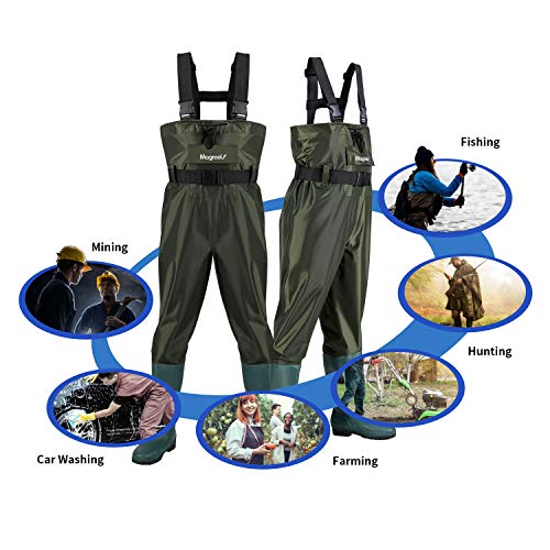 Foto von Wathose zum Angeln, Wasserdicht Angeln Jagd Wathose für Männer und Frauen mit Stiefeln, Verstellbare 70D/210T Nylon PVC Wathose für die Entenjagd, Fliegenfischen, Grün, EU-Größe 43