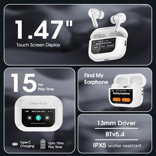 Image of Candytech AirSpace Screen TWS with 13mm Drivers, ANC Ear Buds 32dB, up to 50H Playtime TWS Ear Buds, Type-C Fast Charging, BT v5.4, True Wireless Earbuds, Transparency & EQ Mode (White)